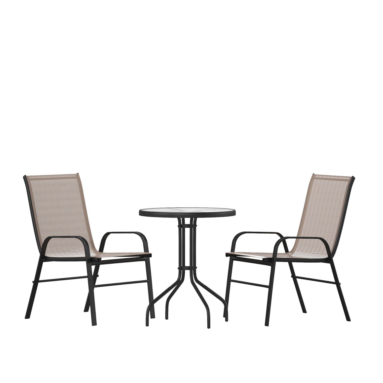 Emma and Oliver Three Piece Patio Table Set with Round Metal Frame Table with Tempered Glass Top and Two Flex Comfort Stacking Chairs